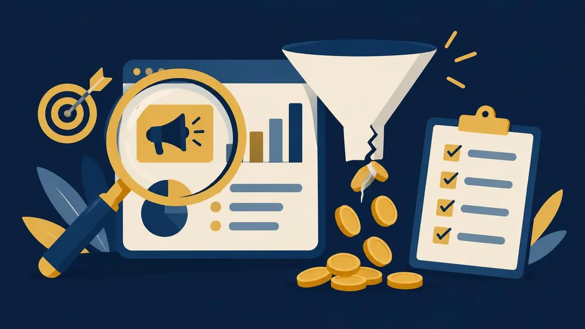 Google Ads audit concept: a magnifying glass inspecting an ad dashboard while coins leak from a cracked funnel beside a checklist